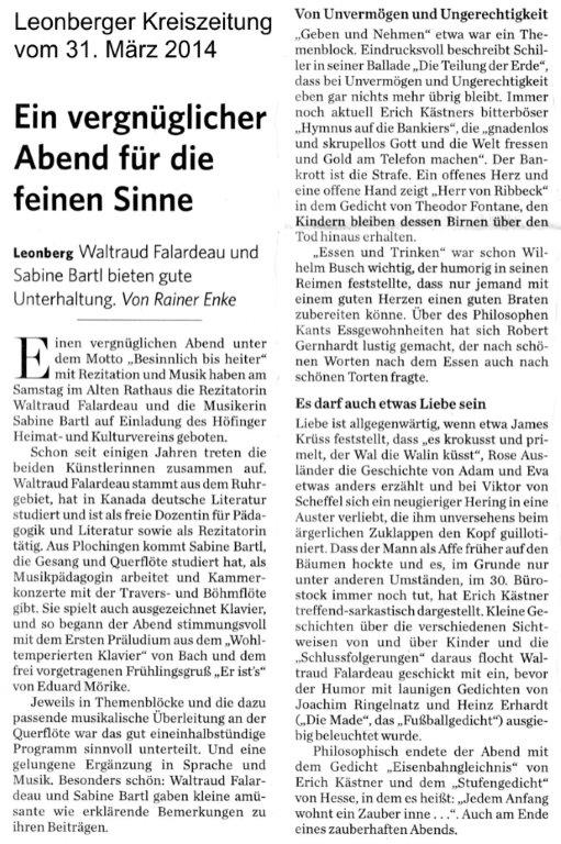 Zeitungsartikel vom 31.03.2014